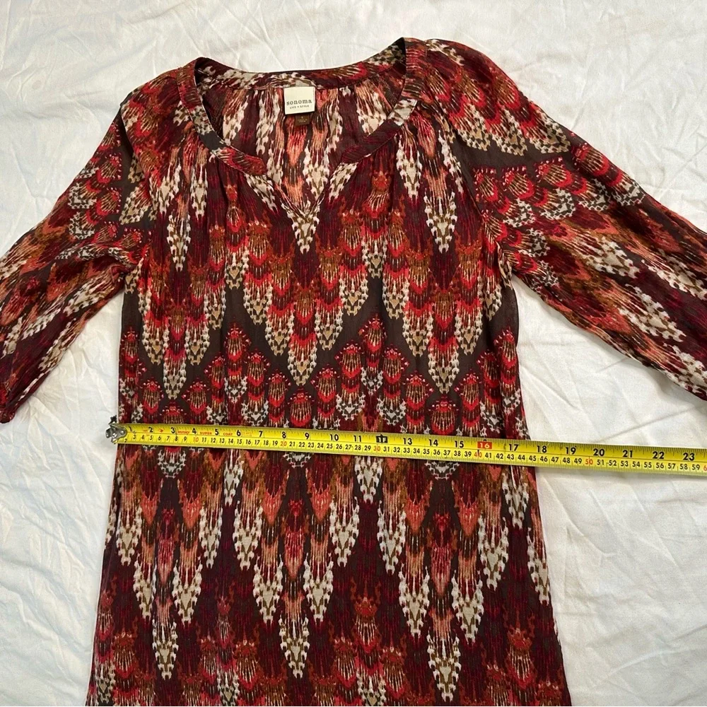 Sonoma Life + Style Boho Ikat Print Cotton Tunic Dress Red Brown 3/4 Sleeve Sz S - Picture 11 of 12